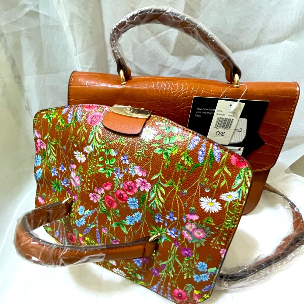 Iman Global Chic 2-in-1 Convertible Satchel, Cognac - Faux Croc and Floral Flaps